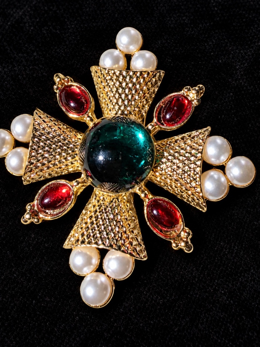 Gold-Tone Cross Brooch with Emerald Center, Red Accents and Pearl Clusters